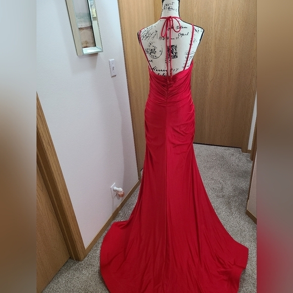 Rachel Allan 70289W red ruched beaded tie v-neck slit prom formal pageant dress - Picture 4 of 5